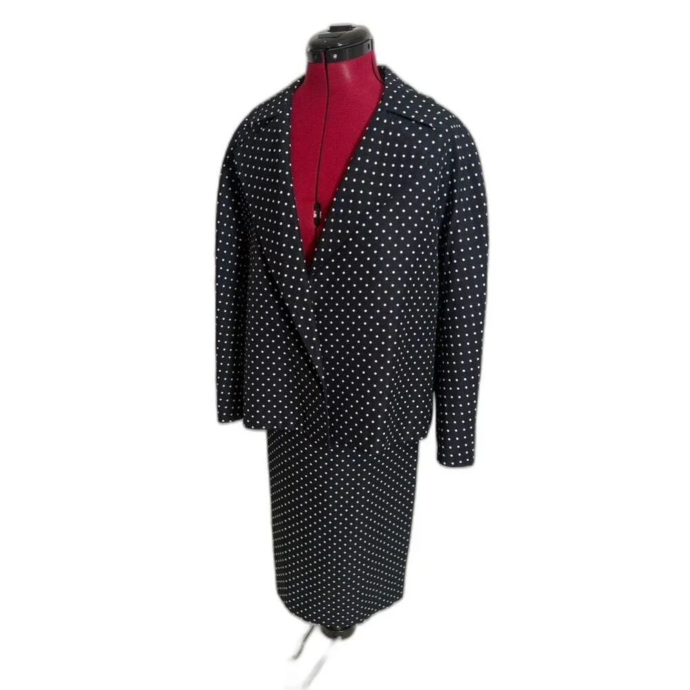 Kasper Skirt Suit Size 14 Navy Blue & White Polka-Dot 2-Piece Set Blazer & Skirt